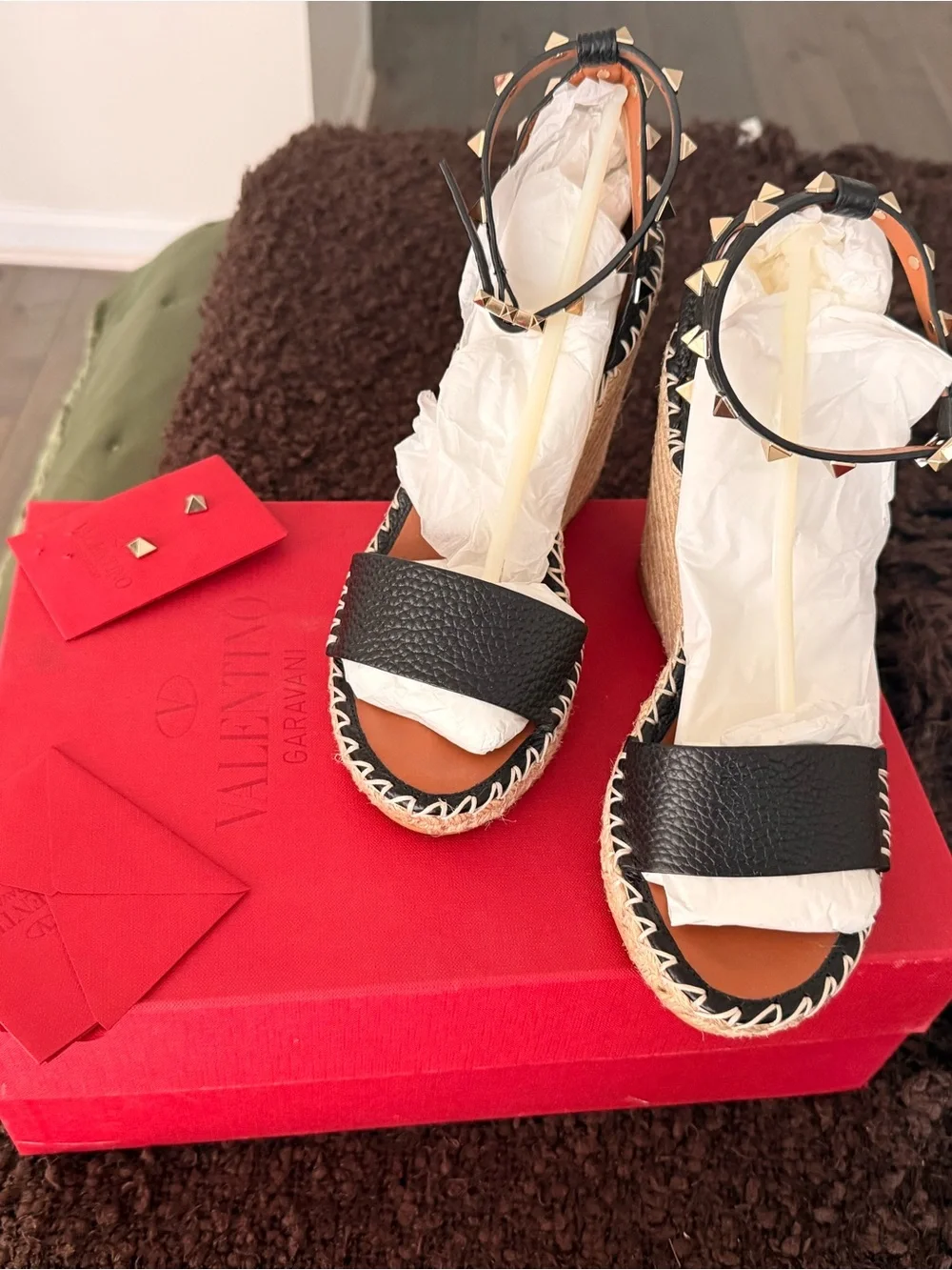 Valentino Black Leather Studded Ankle-Wrap Wedge Espadrilles